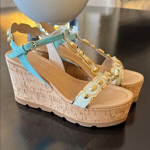 Stylish Blue and Gold Wedge Sandals